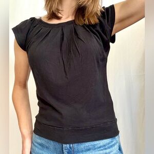 Black 100% silk blouse, gathered high lo neckline cropped style size XS